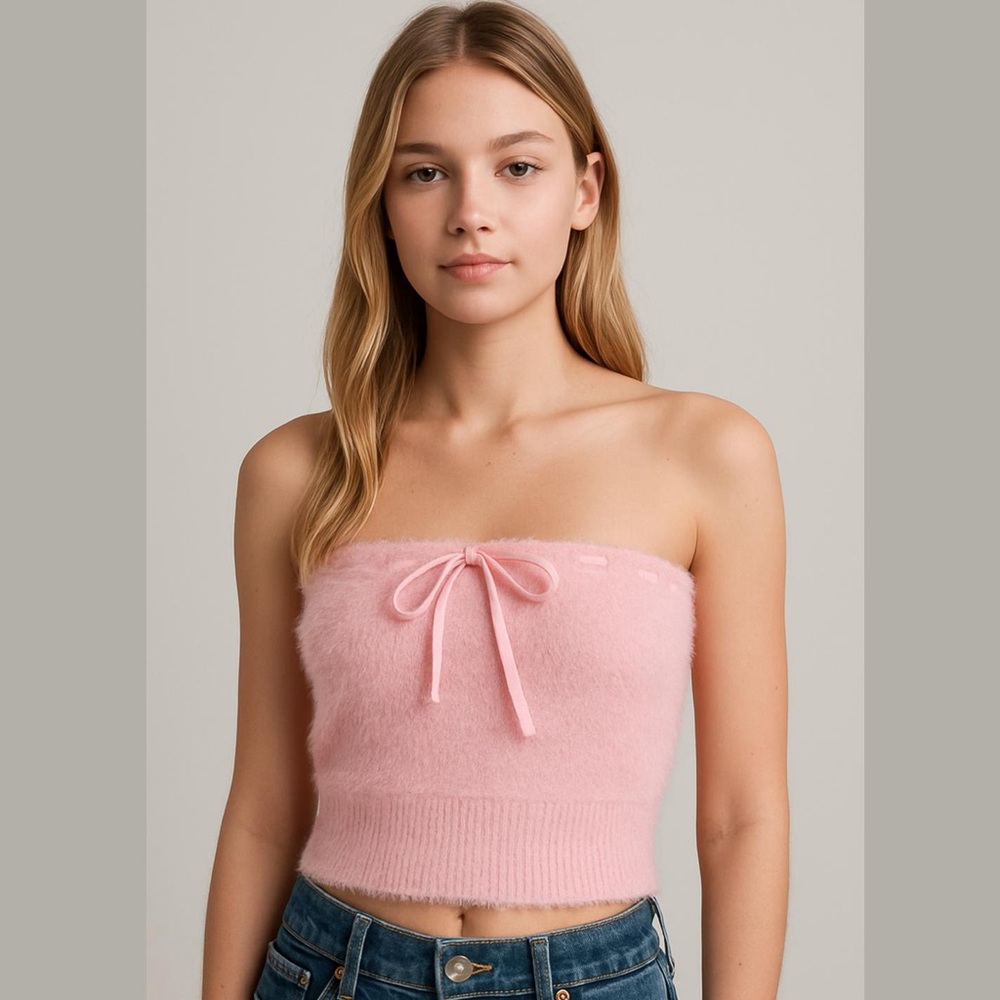 All in Flavor • Women’s Pink Strapless Fuzzy Tie Front Top M NWT